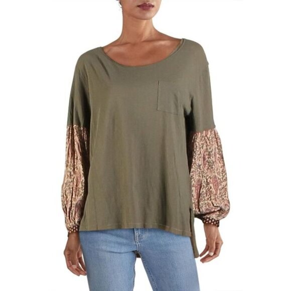 Free People We the Free Jade Floral Printed Sleeves Slouchy T-Shirt in Green - Picture 1 of 7